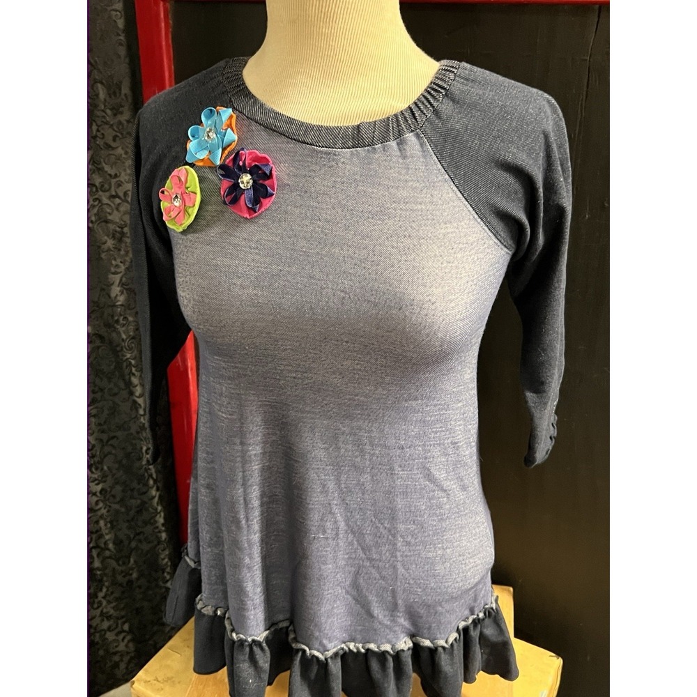Girls 6x Boutique Mallory May Denim Blue 2 Tone Top Shirt NWOT Ribbons & Flowers